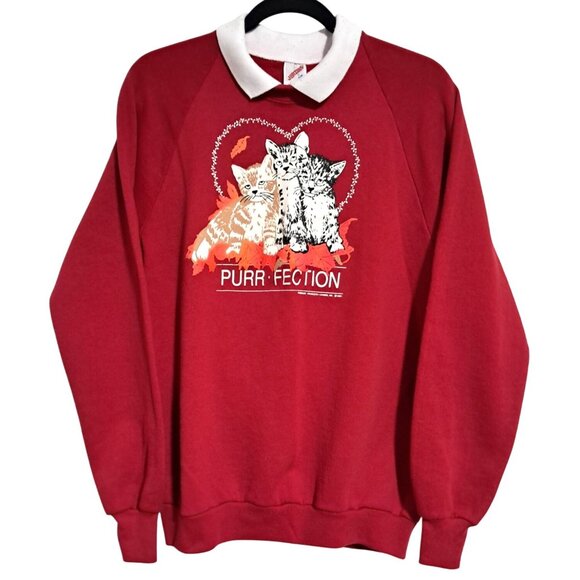 Vintage Jerzees Cat Graphic Sweatshirt "Purrfection" L Red Unisex - Picture 2 of 6
